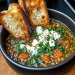 French Lentil Soup With Crispy Bread And Feta