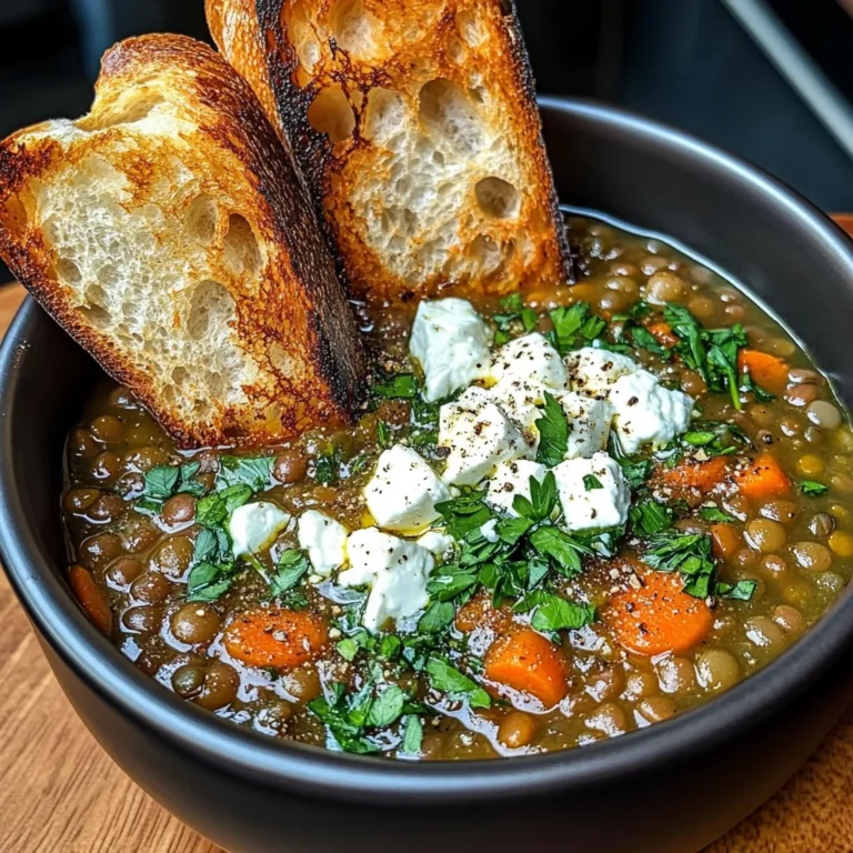 French Lentil Soup With Crispy Bread And Feta