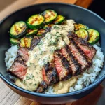 Grilled Steak Bowl With Creamy Sauce & Grilled Zucchini