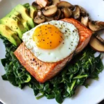 Pan-Seared Salmon with Sunny Egg, Sautéed Spinach, Mushrooms & Avocado