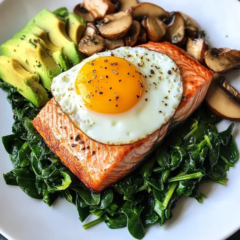 Pan-Seared Salmon with Sunny Egg, Sautéed Spinach, Mushrooms & Avocado