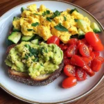 Rainbow Avocado Toast with Scrambled Eggs & Veggie Medley
