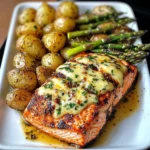Spiced Salmon with Cheesy Asparagus & Garlic Herb Potatoes