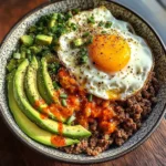 Spicy Avocado & Beef Protein Bowl with Fried Eggs