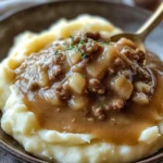 Delicious chicken hamburger Gravy Over Mashed Potatoes