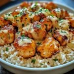 Honey Garlic Chicken Bites Over Creamy Rice